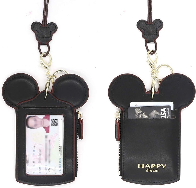 QiMing Mouse Ears Card Holder,PU Lovely Lanyard Family Toys for Girl Woman - Image 3